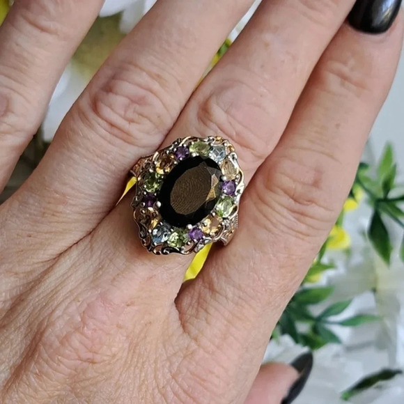 Elite Shungite, Topaz, Amethyst & Peridot Cluster Ring - Picture 3 of 7